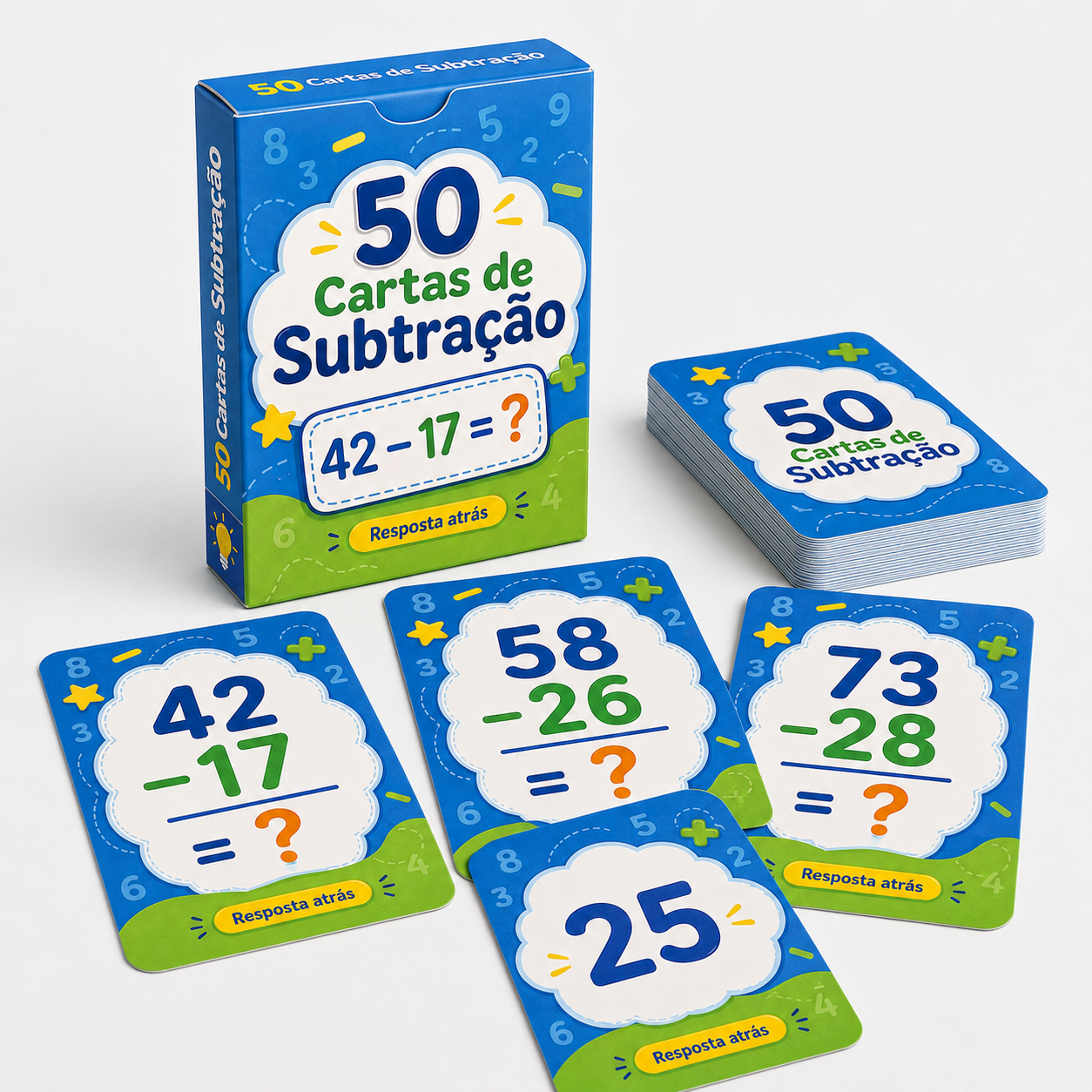 Cartas de subtração impressas sobre a mesa ao lado da caixa